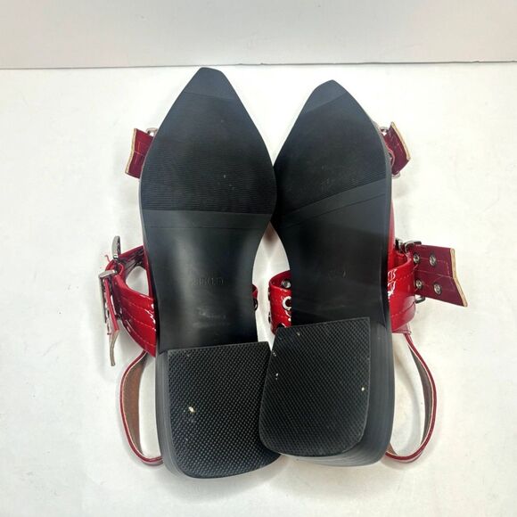 Lunhonk Red Patent Leather Slingback Flat Sandals Womens Studded Buckle Designer - Picture 9 of 11